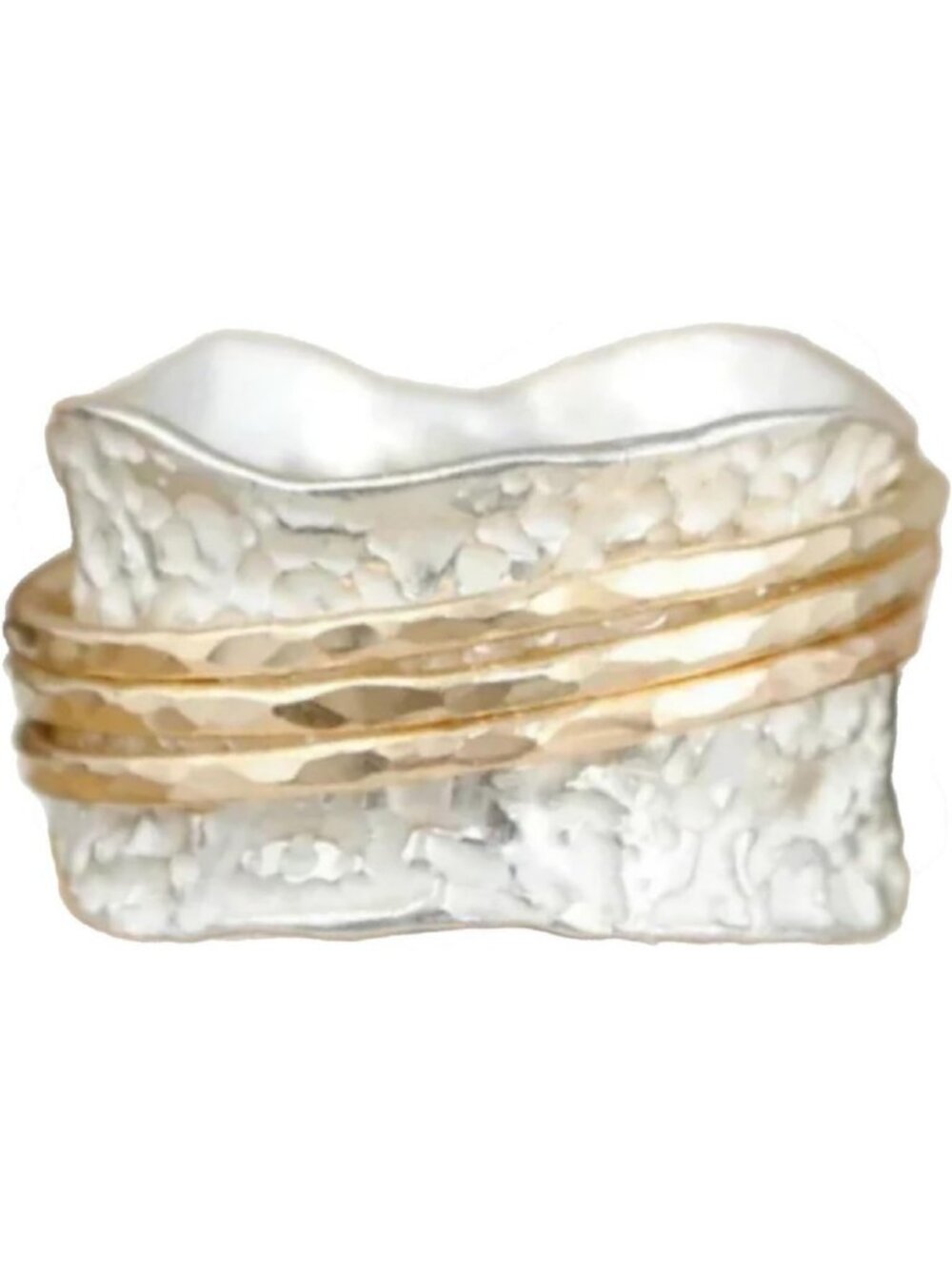 Vintage Hammered Wide Band Ring, 15mm Brass Double Plated Silver & Gold, Wavy